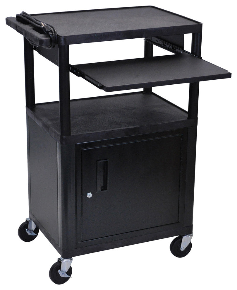 Luxor Endura Black 3-Shelf Presentation Cart With Cabinet and Pullout Shelf, 42"