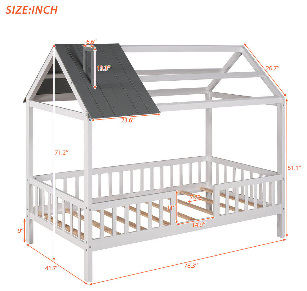 Gewnee Wood Twin Size House Bed with Fence and Roof,Gray/White
