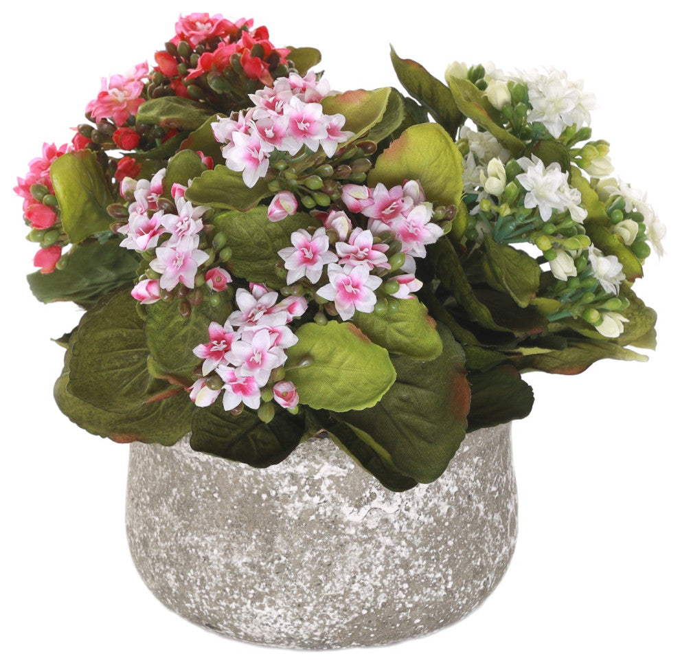 Kalanchoe Silk Flower Bushes Red, Rose, White, Stone Round Pot