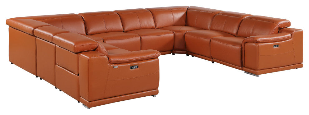 Federico 8-Piece Italian Leather U-NC Sectional, 4 Power Recliners, Camel