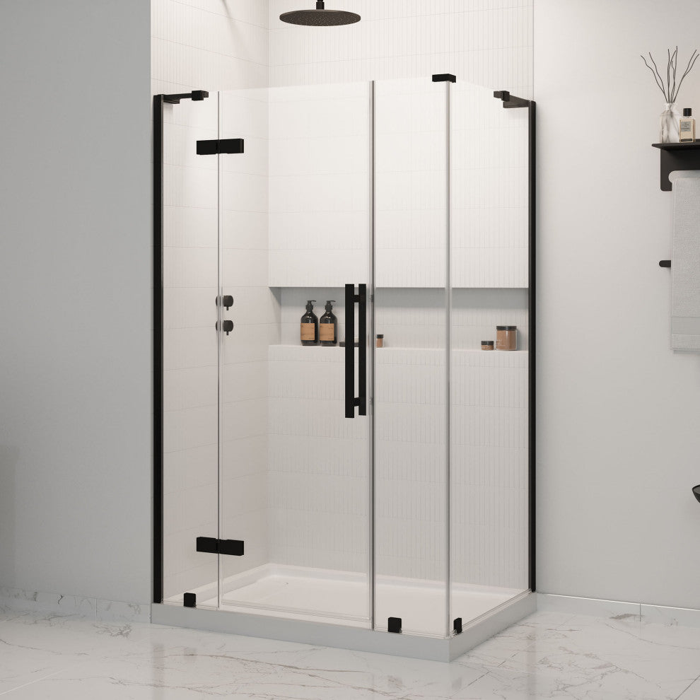 Tampa Corner Frameless Pivot Hinge Shower Door Kit With Base Pan, Black, 48x36"