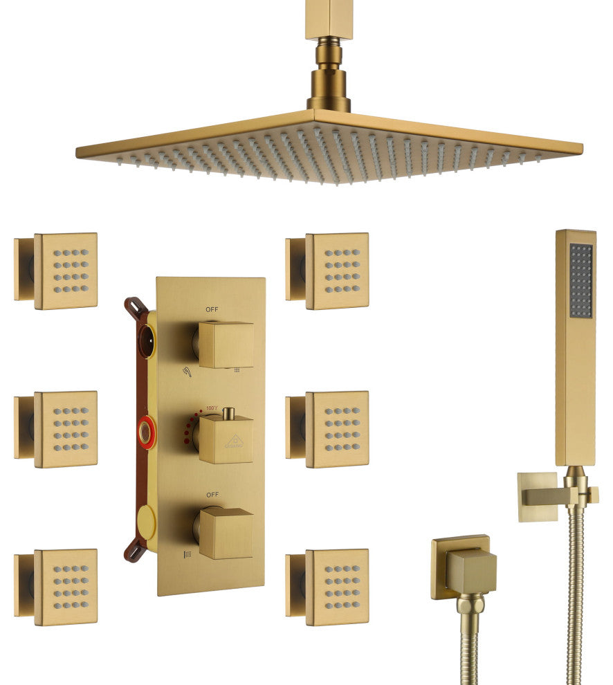 CASAINC 12" Ceiling Mounted Luxury LED Shower Head Handheld Spray, Brushed Gold