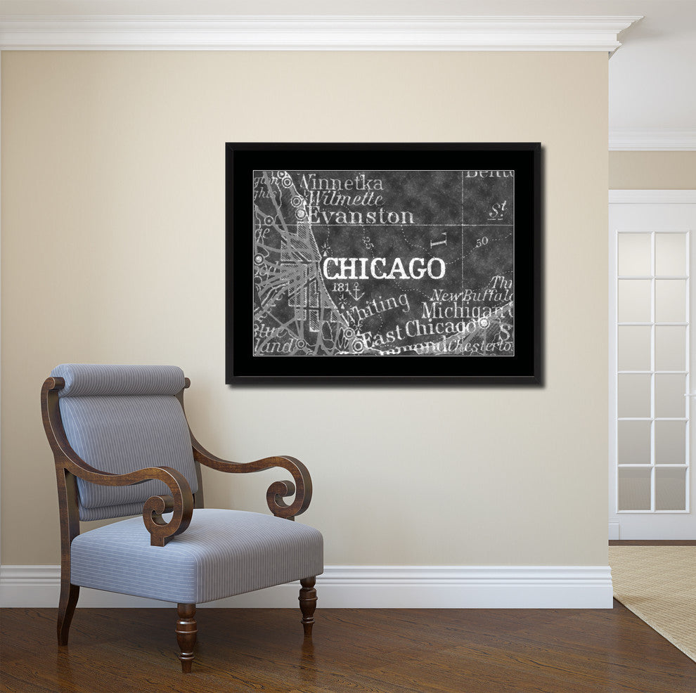 Chicago, Illinois Monochrome Map Print On Canvas With Black Frame, 28" X 37"
