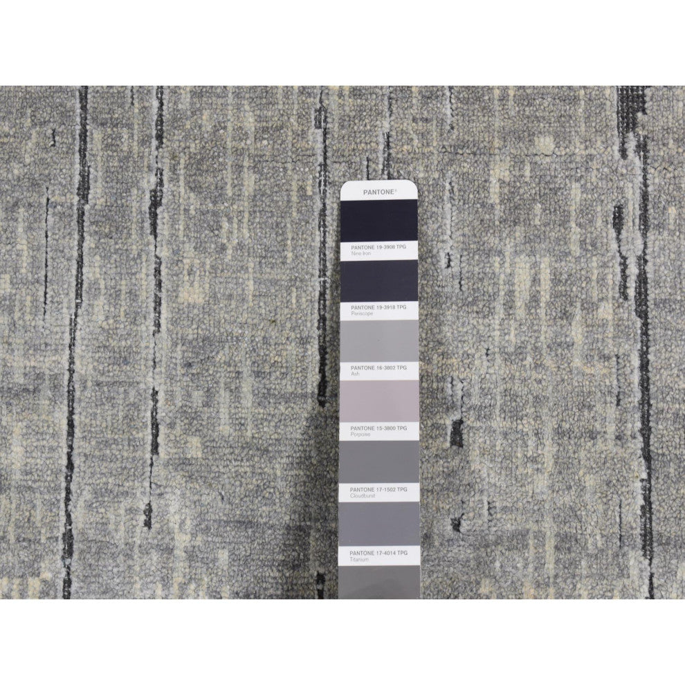 Medium Gray, Vertical Ombre Design, Pure Silk, Hand Knotted, Rug, 9'x11'10"