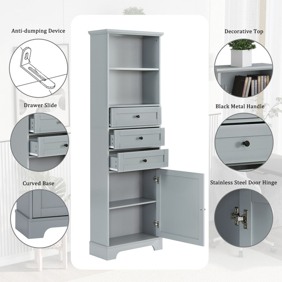 68" Tall Freestanding Bath Cabinet, 3 Drawers and Adjustable Shelves, Grey
