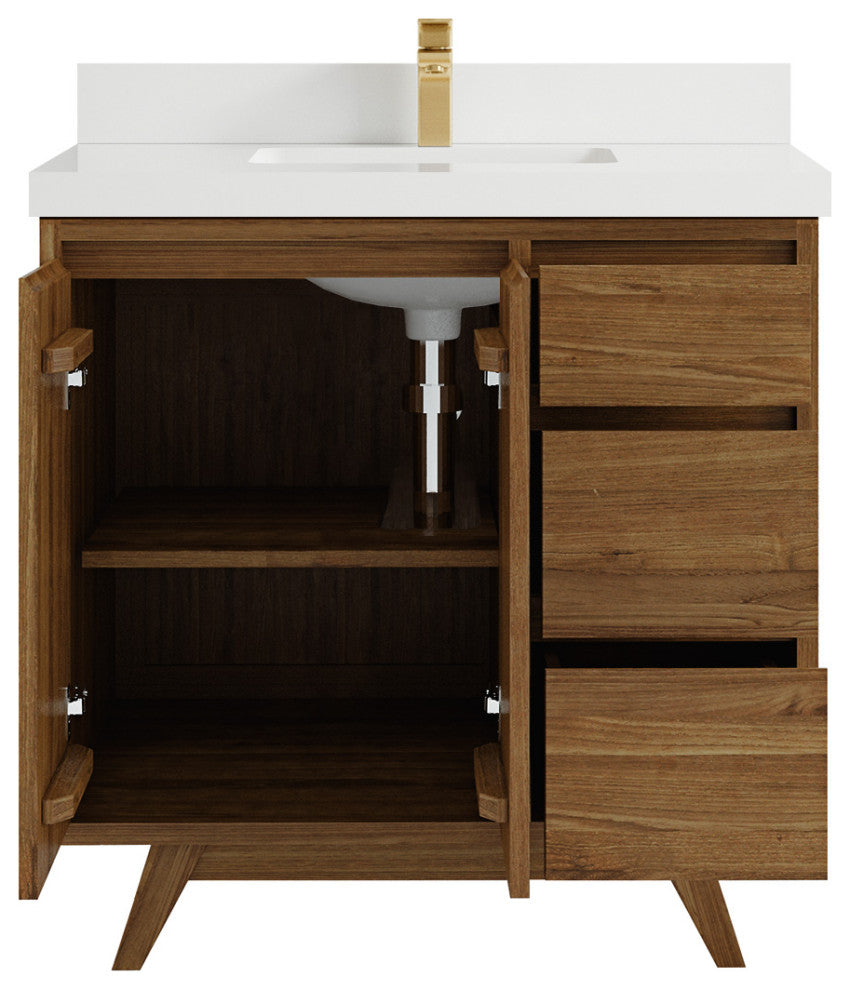 Madison Teak 36 Center Sink Bath Vanity in Dark Natural 2" White Quartz