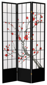 7' Tall Cherry Blossom Shoji Screen, Black, 3 Panels
