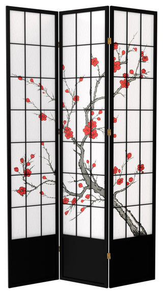 7' Tall Cherry Blossom Shoji Screen, Black, 3 Panels