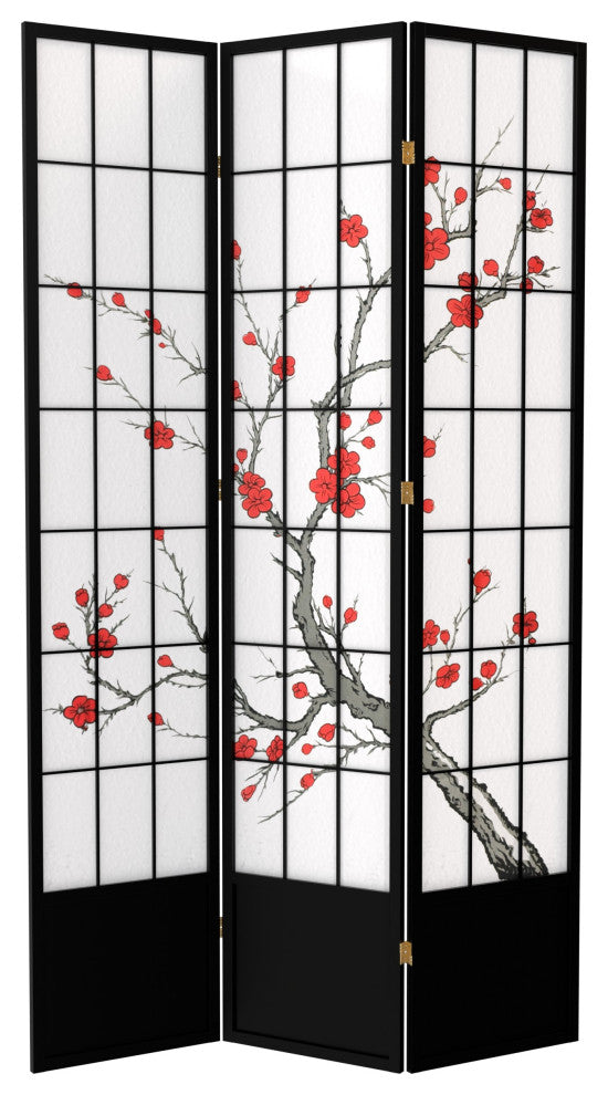 7' Tall Cherry Blossom Shoji Screen, Black, 3 Panels