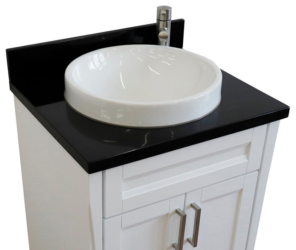 25" Single Sink Vanity, White Finish With Black Galaxy Granite And Round Sink