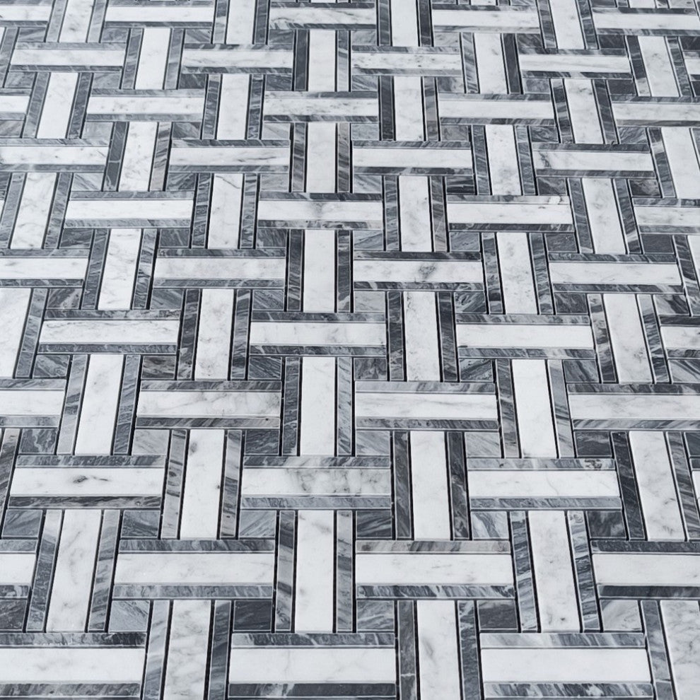 Carrara White Marble Twine Basketweave Mosaic Tile Bardiglio Gray, 1 sheet