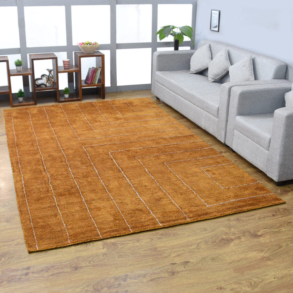 HAND KNOTTED LOOM SILK ECO-FRIENDLY RUGS-5'x8',Rectangle,Gold Beige,Geometric