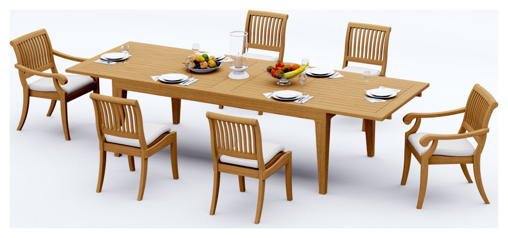 7-Piece Outdoor Teak Dining Set, 122" Extension Table, 6 Arbor Stacking Chairs
