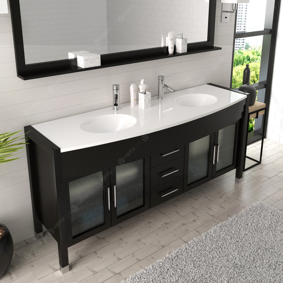 Virtu Ava 71" Double Bathroom Vanity, Espresso With Faucet and Mirror