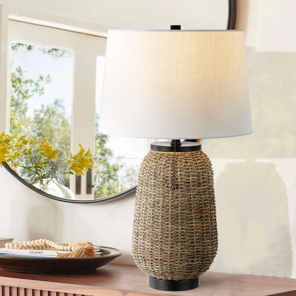 Chakrii 25" Iron/Rattan Table Lamp With Pull-Chain, Oil Rubbed Bronze/Dark Brown