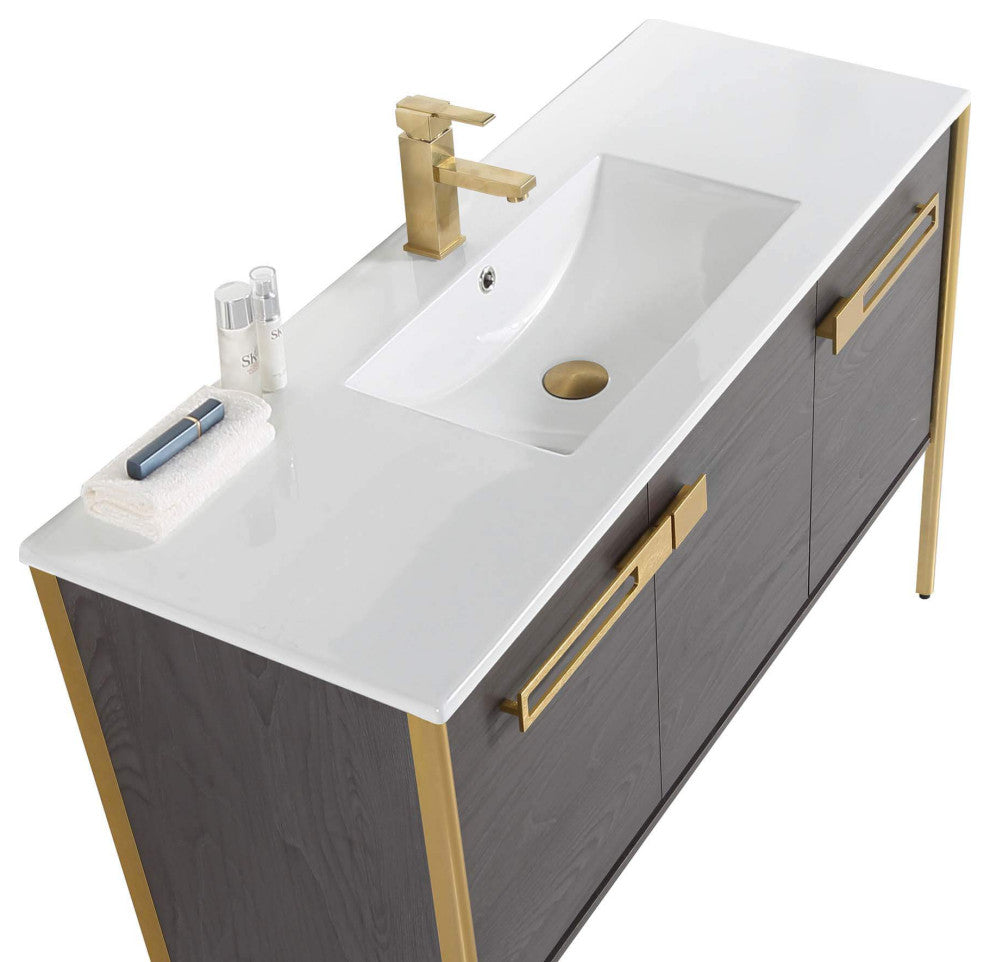 Oakville Bath Vanity, Ceramic Sink, Black Coal Oak, 48 Inch, Satin Brass Hardwar