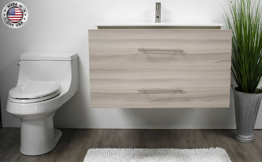Napa 36" Modern Floating Bathroom Vanity With Ceramic Top and Round Handles, Ash Gray