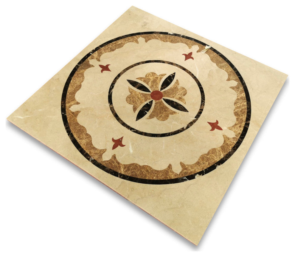 Marble Medallion Garden Emperador Rojo 36" Inlay Waterjet Art Piece, 1 piece