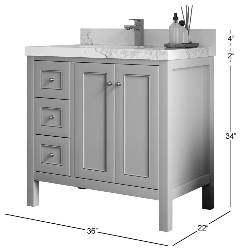 Nashville 36" Center Sink Bath Vanity, White 2" Carrara Quartz