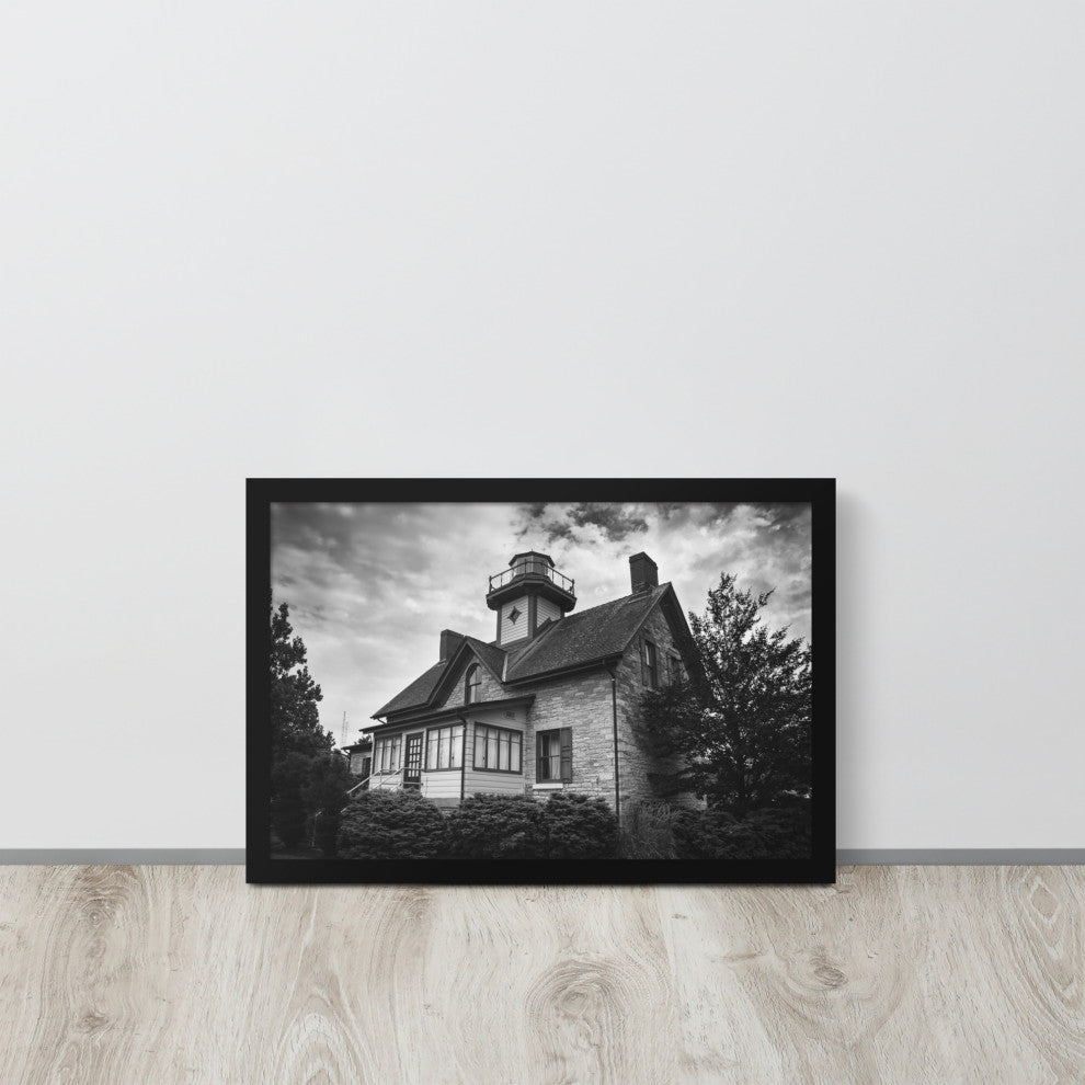 Cedar Point Lighthouse in Black and White Framed Photo Paper Wall Art Prints, Black, 12" X 18"