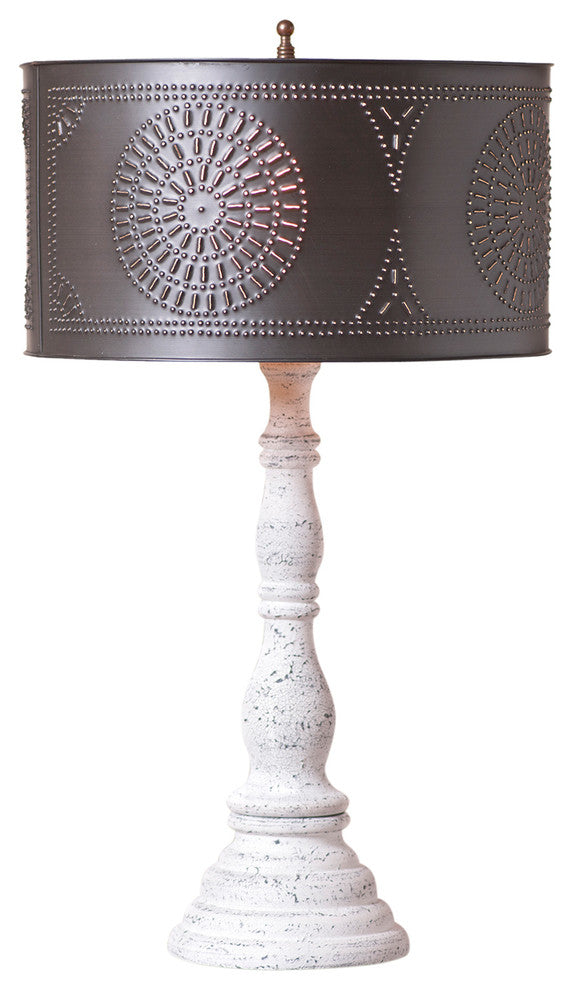 Punch Tin Drum Table Lamp, Heavily Distressed, Crackled White Over Black