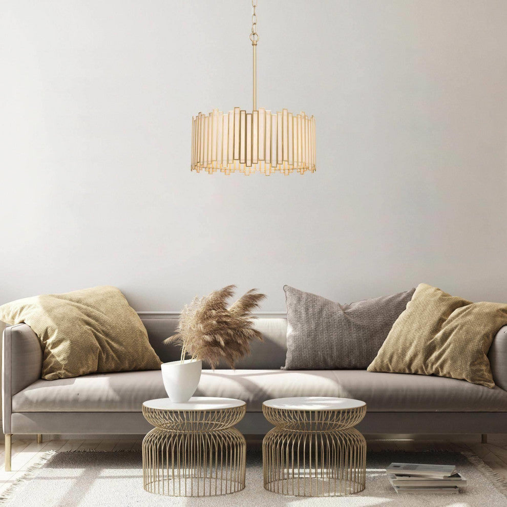 LNC Tiffany 4-Light Modern Drum Glass Chandelier, Gold