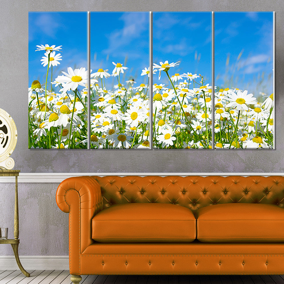 White Daisies under Bright Blue Sky, Floral Canvas Art Print, 48"x28", 4 Panels