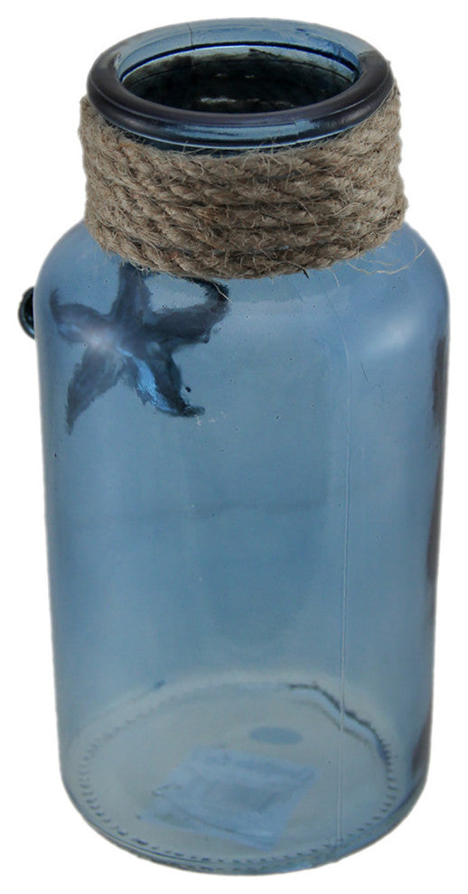 Blue Green and Clear 3 Piece Rope Wrapped Coastal Glass Vase Set