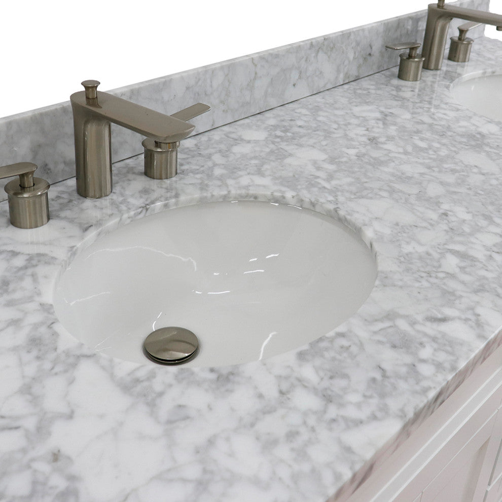 61" Double Sink Vanity, White Finish And White Carrara Marble And Oval Sink