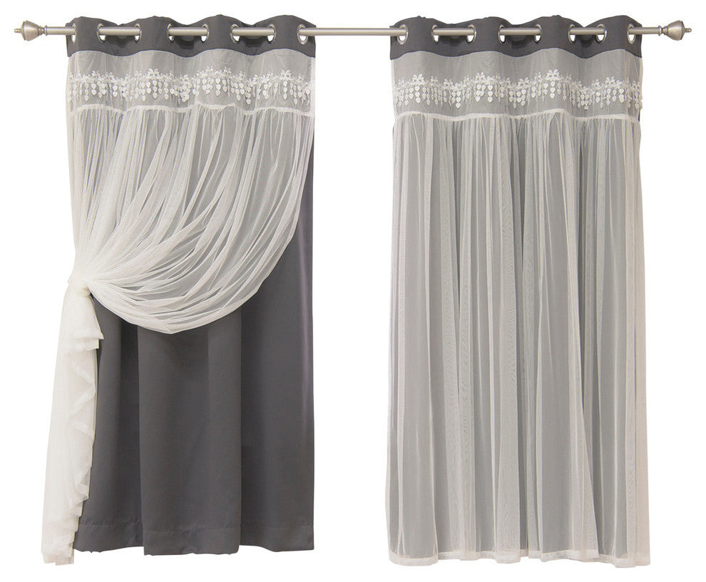 Lace Overlay Blackout Curtains, Dark Gray, 84"