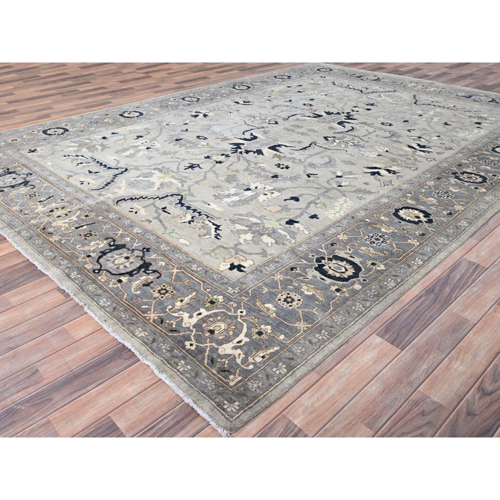 Gray Afghan Peshawar With Serapi Heriz Design Wool Hand Knotted Rug 9'x12'2"