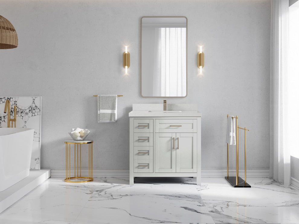 Cambridge 36 Center Sink Bath Vanity in Coventry Gray 2" Carrara Quartz
