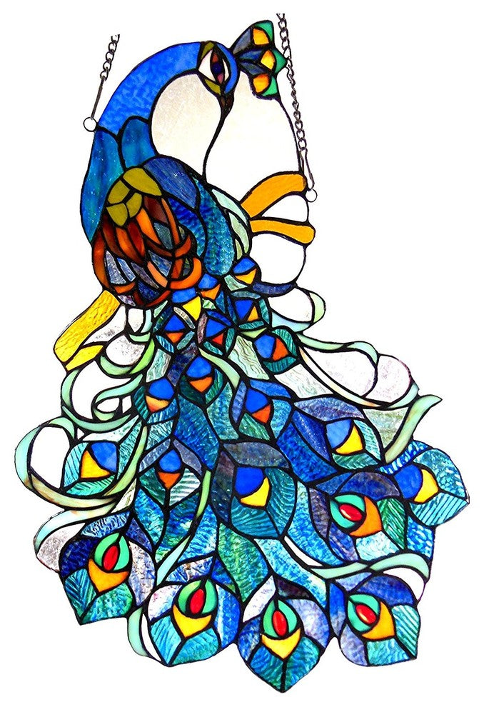 GLORY Tiffany-glass Peacock Window Panel 25inches Tall