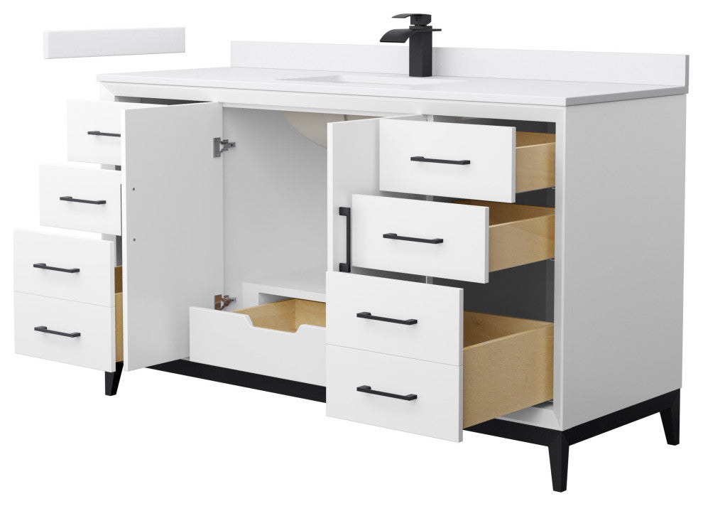 Amici 60" White Single Vanity, White Cultured Marble Top, Matte Black Trim