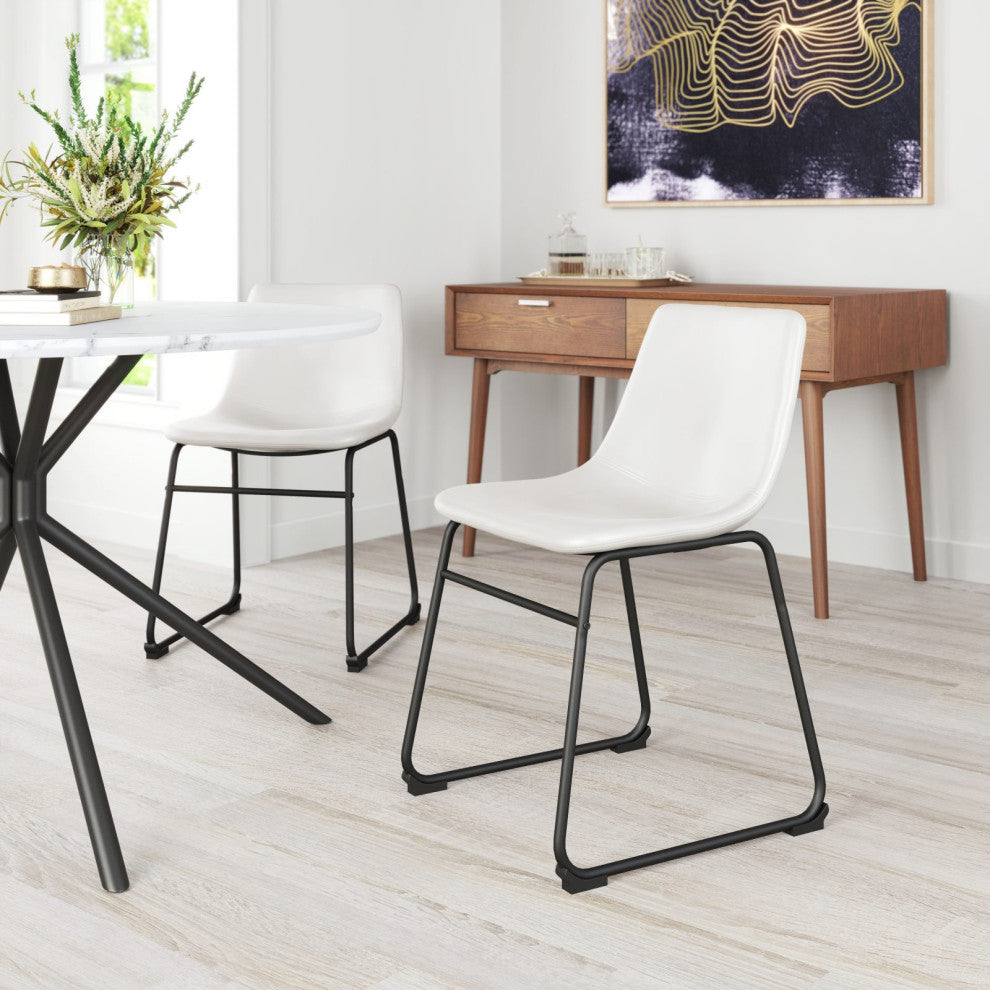 Dining Chair, Set of 2, Faux Vinyl Leather, Distressed White, Black, Industrial