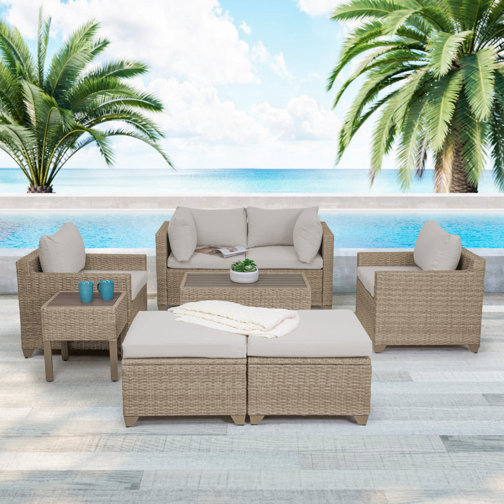 Maui 8-Piece Outdoor Conversation Set, Two Ottomans, Coffee Table, Hazel