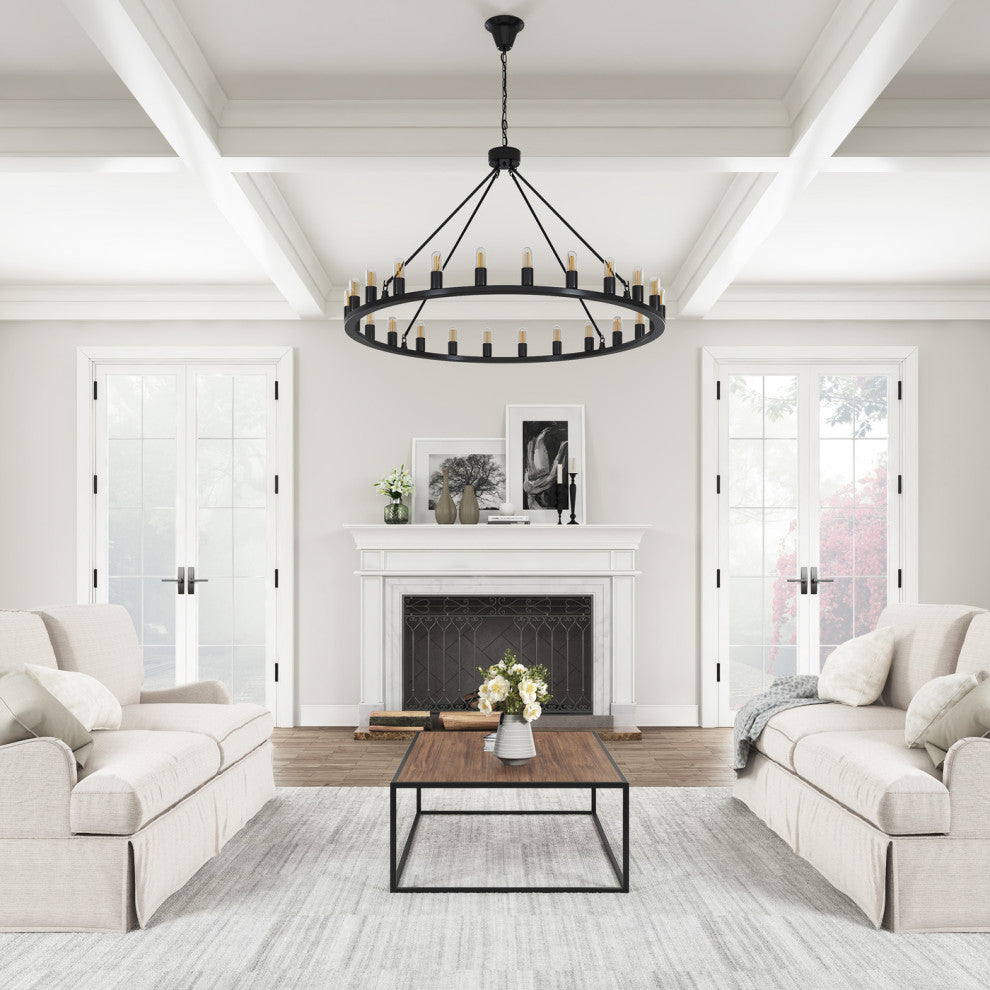 24-Light Candle Wagon Wheel Chandelier Farmhouse Black Pendant Lights, Black