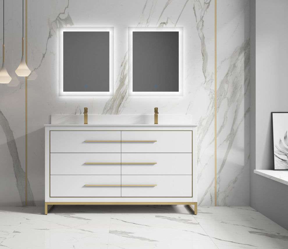 Alma Kathyia Freestanding Bath Vanity, Gold Hardware, 60" Double Sink