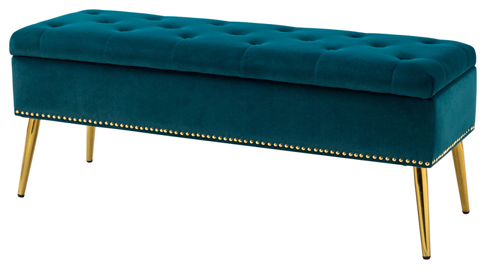 Button-tufted Storage Bench with Nailhead Trim, Teal