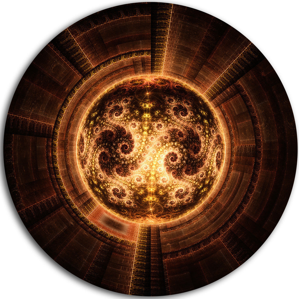 Rounded Orange Glowing Fractal Flower, Abstract Disc Metal Artwork, 11"