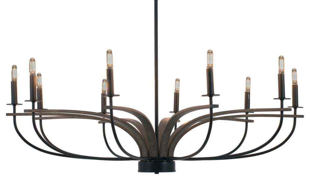 Monterey Uplight 10-Light Chandelier, Matte Black & Painted Distressed Wood-look