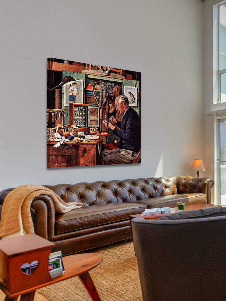 "Tying Flies" Painting Print on Canvas by Stevan Dohanos