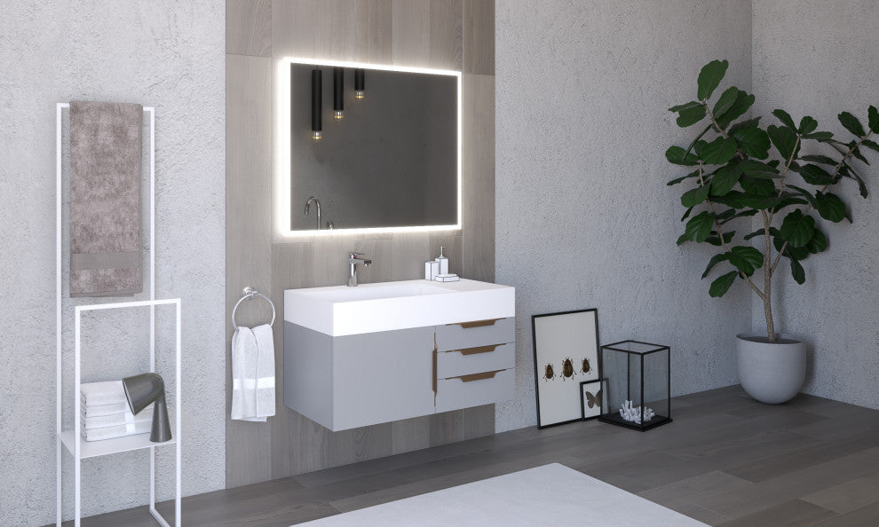 CastelloUSA Amazon 36" Wall Mount Vanity Set, Gray, White Top, Gold Handles