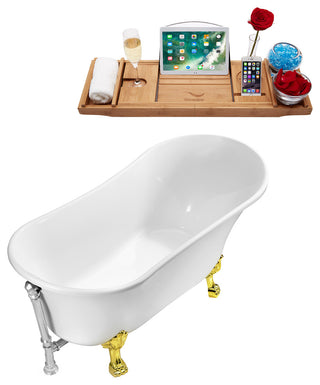 59" Soaking Clawfoot Tub With External Drain, Gold/Chrome