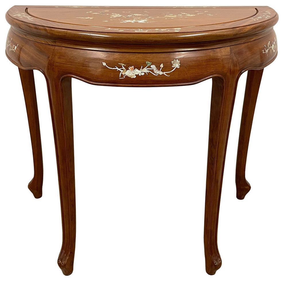 Consigned 20th Century Chinese Rosewood Half Moon Table w/Mother of Pearl inlay