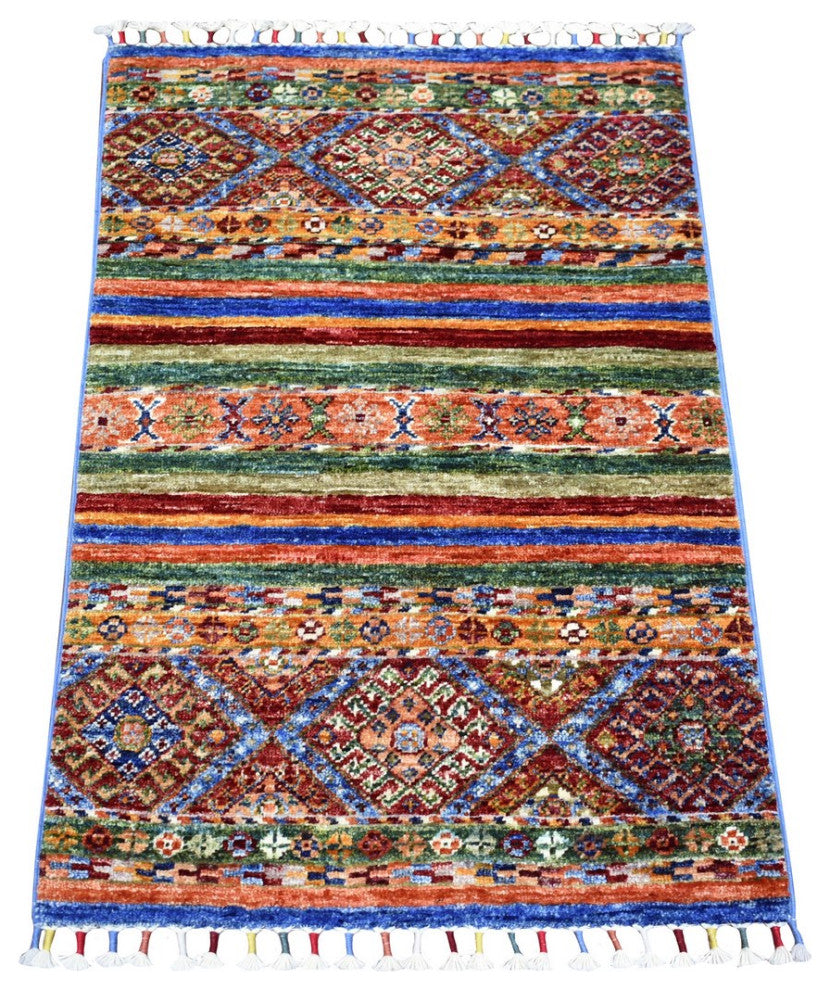 Colorful, Hand Knotted Afghan Super Kazak Ghazni Wool Mat Rug, 2'0"x3'2"