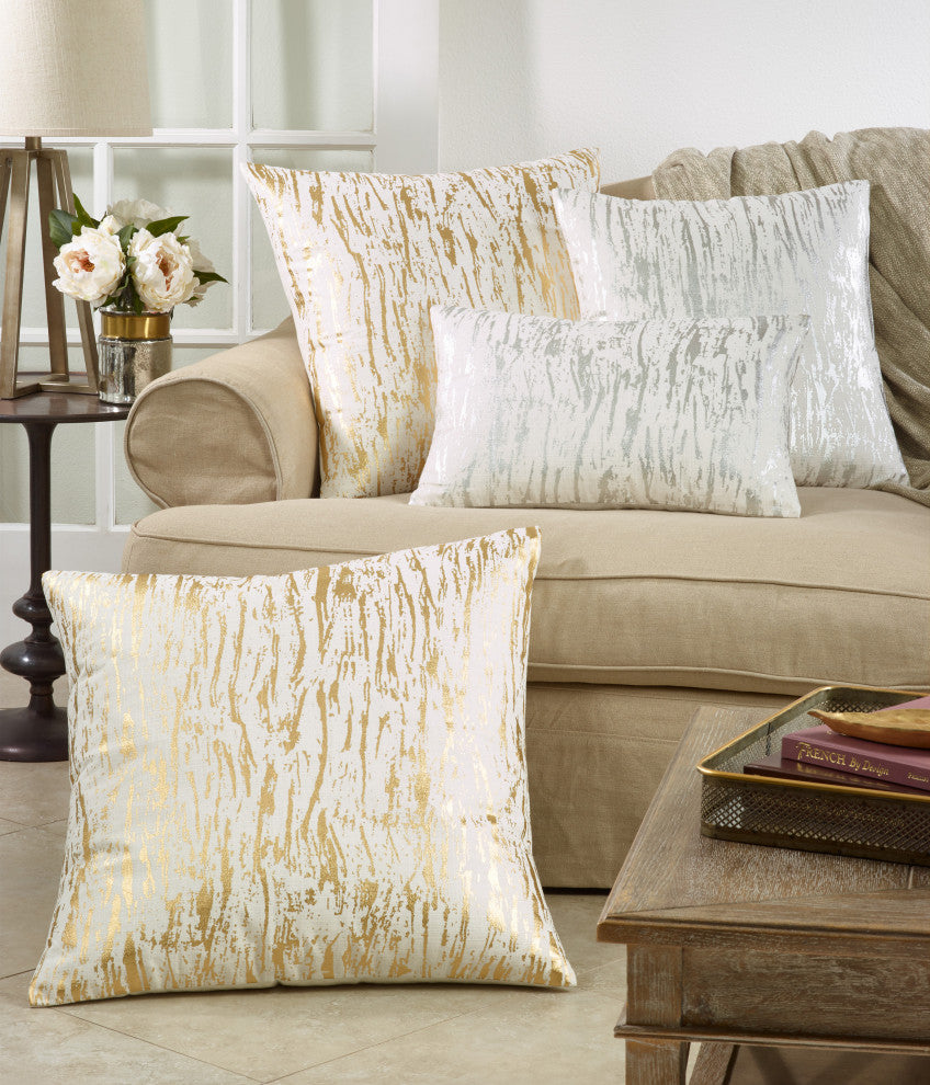 Metallic Foil Distressed Design Cotton Floor Pillow, 27"x27", Gold, Poly Filled
