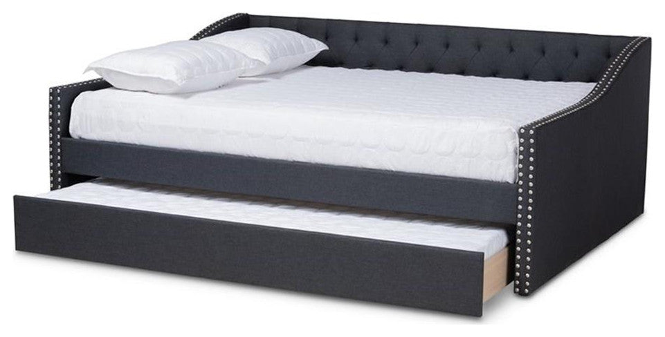Haylie Dark Grey Fabric Upholstered Full Size Daybed With Roll-Out Trundle Bed