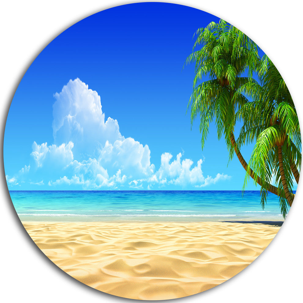 Coconut Palms Bent Into Beach, Seashore Art Disc Metal Wall Art, 23"