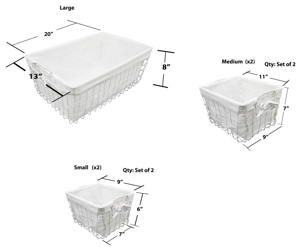 5-Piece Vintage Basket Set With Storage White Cotton Liner